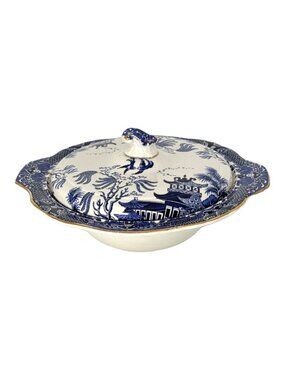 Burleigh Ware Blue Willow Covered Vegetable Bowl Dinnerware Tableware UK 10 inch